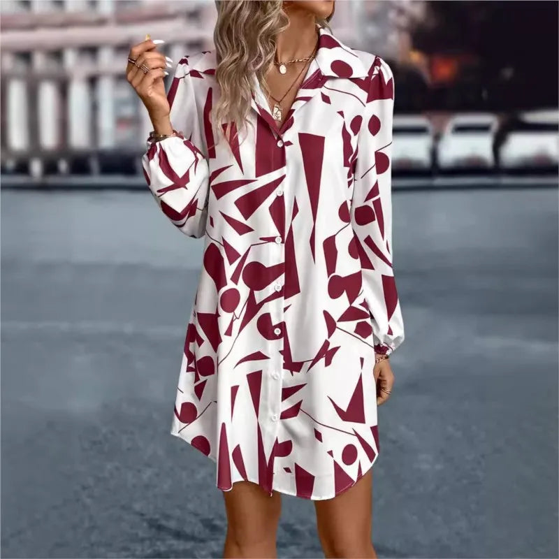 Women's Dresses New Printing Loose V-Neck Single Breasted Long Sleeve Elegant Casual Streetwear In 2024 Summer Vestidos For Lady