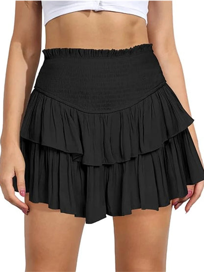 Women's High Waist Ruffle Pleated Mini Skirts Solid Lined Layered Flared Flowy Casual Swing Summer Boho Beach Mini Short Skirt