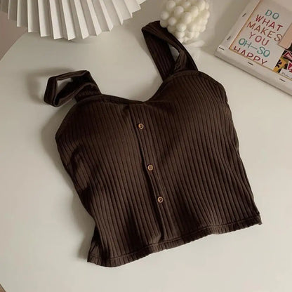 Women's Ribbed Tank Tops Y2K Cropped Tops with Bra Pads Knitted Button Down Suspenders Vest Sexy Camisole Female Short Tops