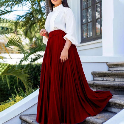 Elegant Pleated Skirts for Woman 2024 New High Waisted Belt Waisted Ankle Length Autumn Winter Wear Bottoms Skirts Clothes Hot