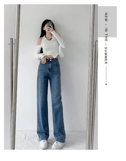 Women's Jeans Autumn High Waist Loose Straight Denim Pants Black Blue Fashion Korean Street Stretch Soft Comfortable Trousers