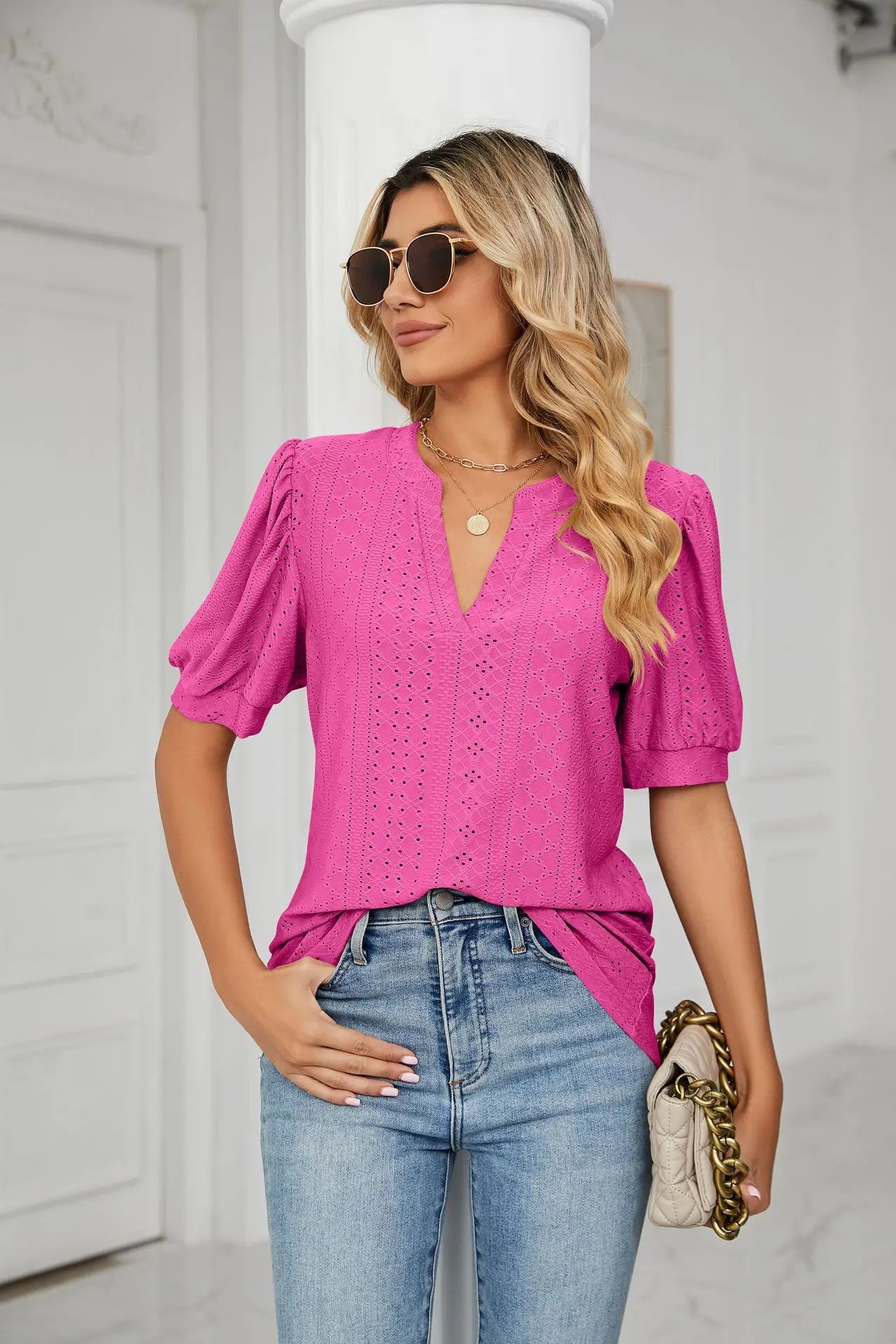 Womens Tops V Neck Ruffle Sleeve Blouses Short Sleeve Casual Tops T-Shirts for Women Autumn Winter