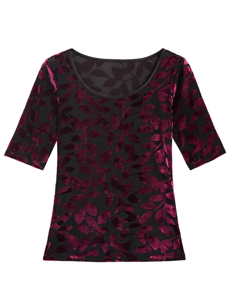New Summer tops for Women Round neck Velvet burnt flower gauze t-shirt Short sleeve Women shirt