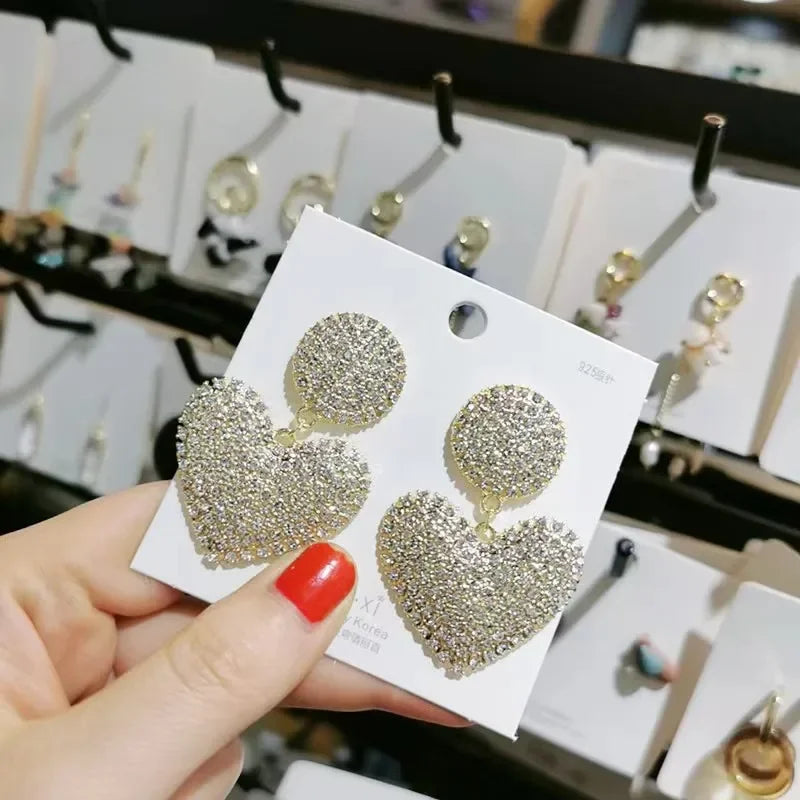 Heart Earrings  Women's Luxurious Geometric Full Rhinestone Earrings Korean Gold Color Love 2023 Fashion Jewelry Accessories