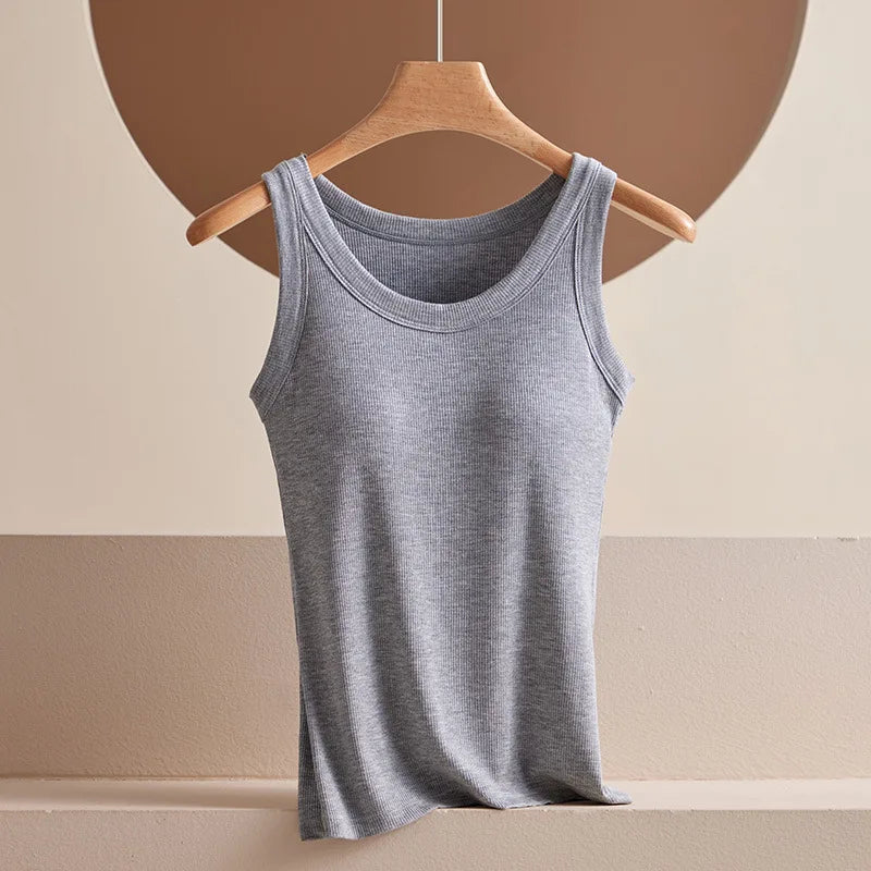 Women's Vest Tops With Built In Bra Neck Vest Padded Slim Fit Tank Tops Sexy Shirts Feminino Casual Underlay Shirt Slimming