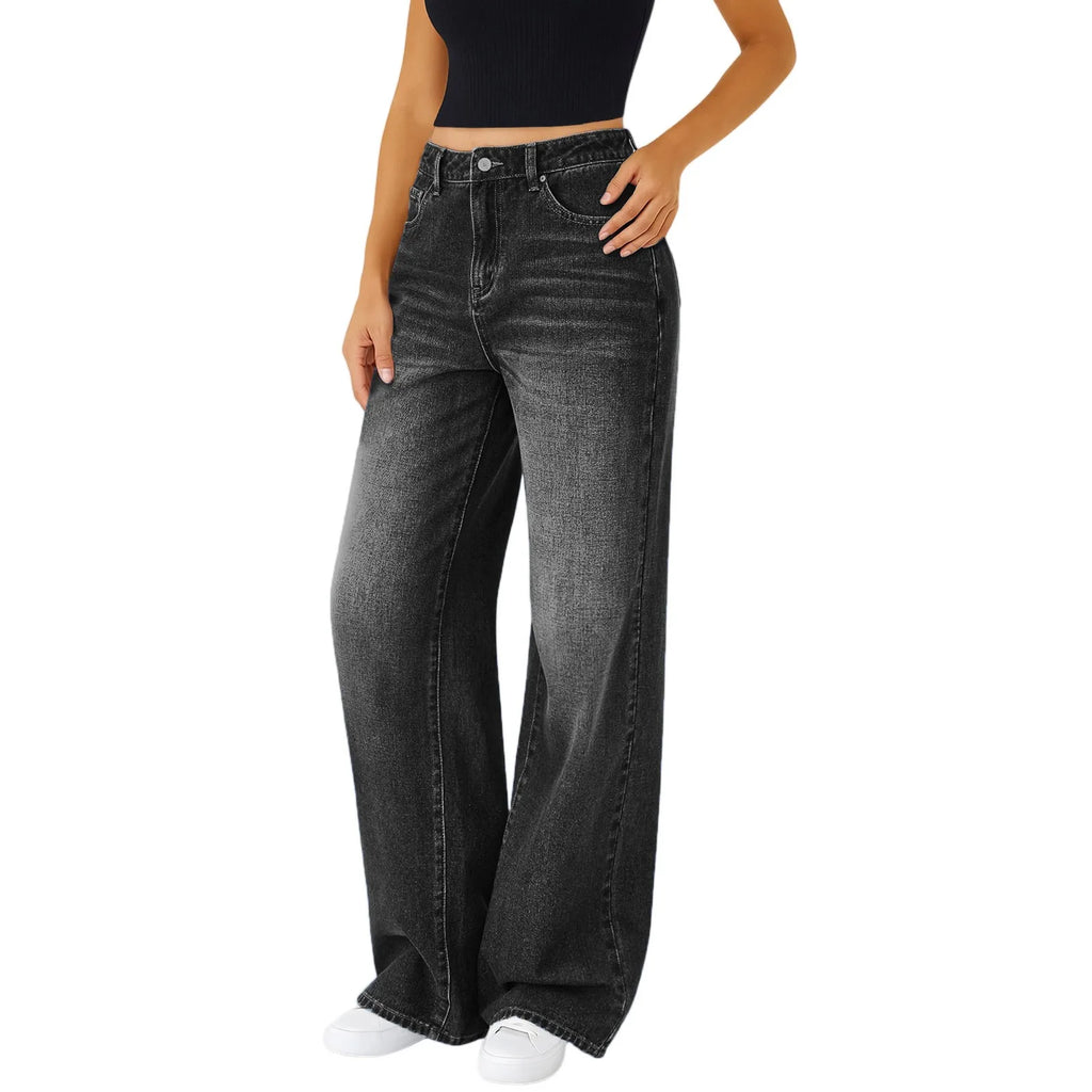 Jeans Women Straight Long Pants Casual Floor Length Mom Pant Blue High Waist Elegant Zipper Fly Pockets Slim Y2k Denim Trousers