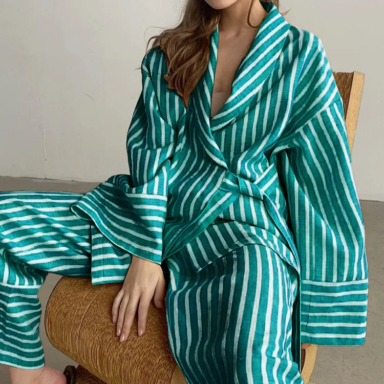 Women's Dress Sets Autumn New Striped Long-sleeved Loose Lace-up Top High-waisted Trousers Fashion Casual Suit for Women