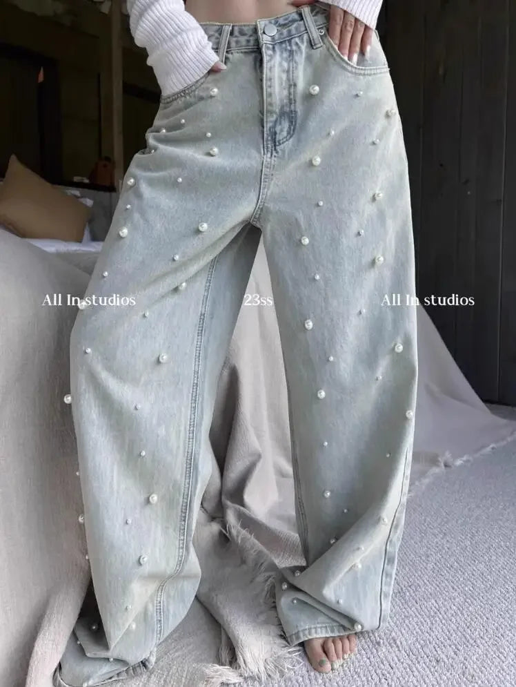 Korean Fashion Jeans for Women 2024Spring New Heavy Industry Beads Retro Washed High Waisted Jeans Wide Leg Mopping Pants Women