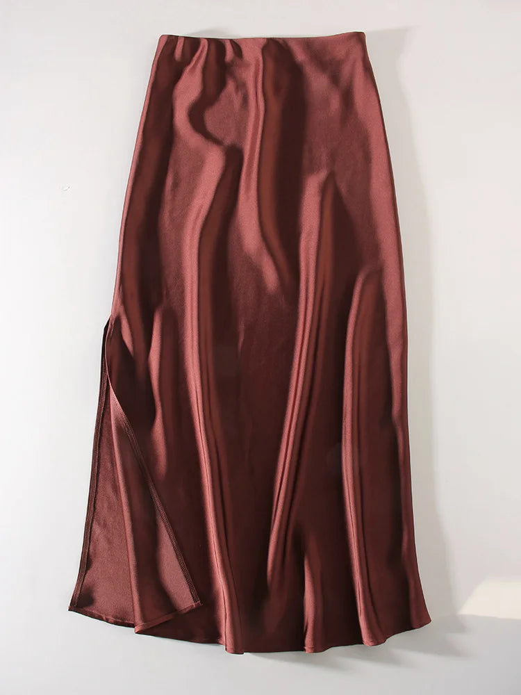 Long Satin Skirts For Women Summer High Quality Skirt With Slit On The Side Silk Elegant Black Maxi Luxury Women's Skirts 2025