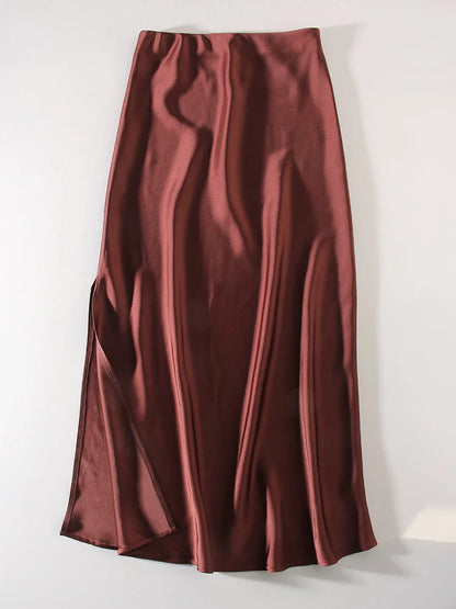 Long Satin Skirts For Women Summer High Quality Skirt With Slit On The Side Silk Elegant Black Maxi Luxury Women's Skirts 2025