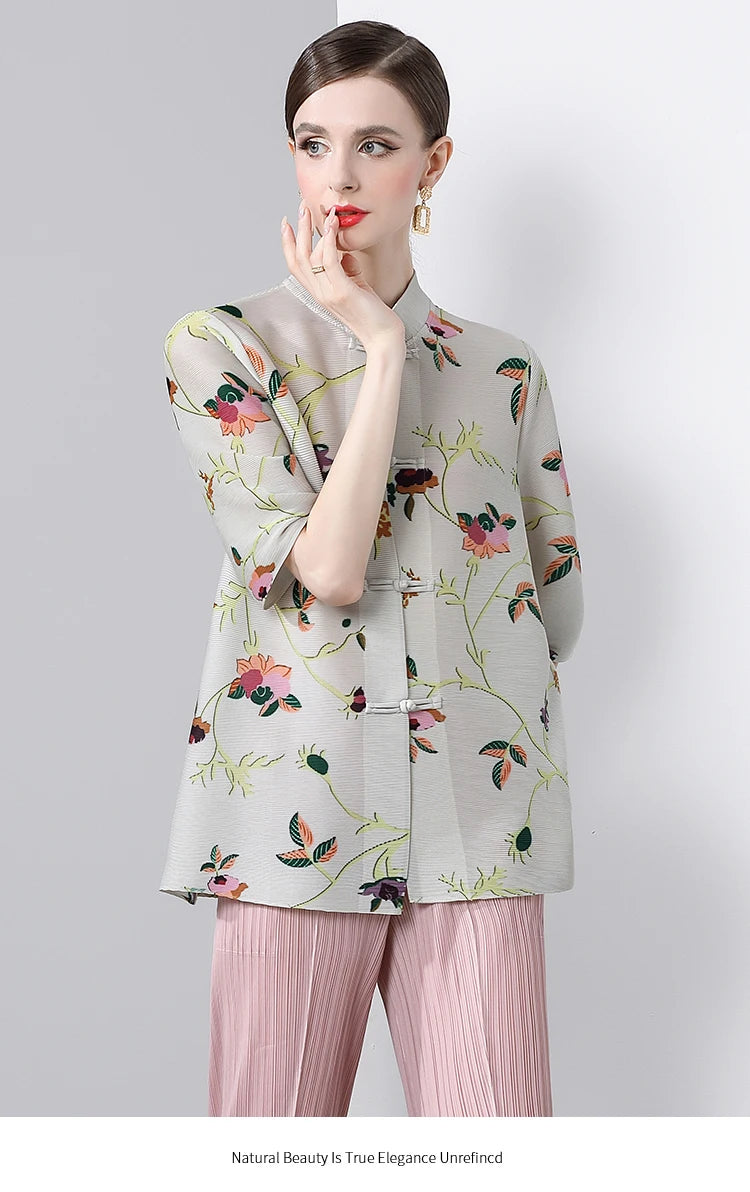 Pleated Tops for Women Summer Printed Shirts Loose Mom Wear Commuter Printed Short Sleeves Women Clothes