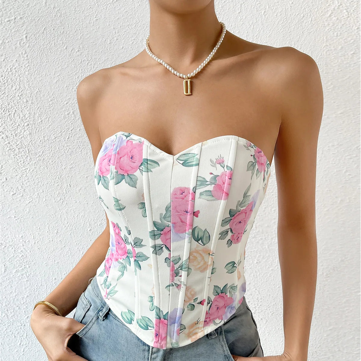 Women Floral Top Sexy Spicy Girl Tank Top Low cut Open Back Flower Wrapped Chest Diamond Fish Bone Strap Waist Vest Tank Top