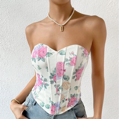 Women Floral Top Sexy Spicy Girl Tank Top Low cut Open Back Flower Wrapped Chest Diamond Fish Bone Strap Waist Vest Tank Top
