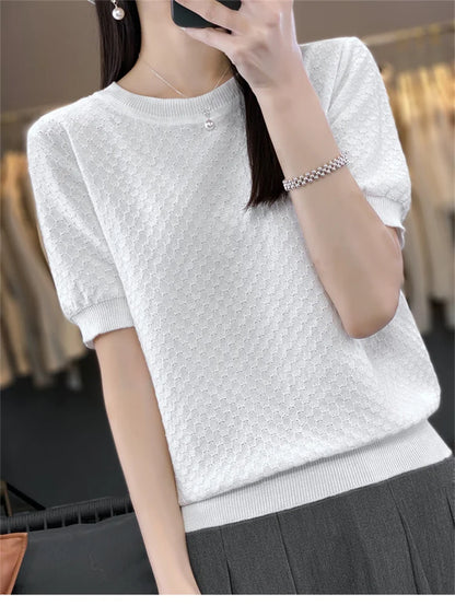 Women's T-shirt Summer 100% Cotton Sweater Short Sleeve Solid Color Round Neck Ladies Tops Loose Blouse Basic Pullover Tees