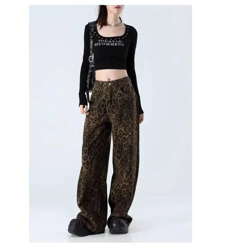 Women's leopard print jeans autumn and winter fashionable versatile loose retro casual pants straight leg wide leg pants