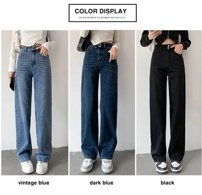 Women's Jeans Autumn High Waist Loose Straight Denim Pants Black Blue Fashion Korean Street Stretch Soft Comfortable Trousers