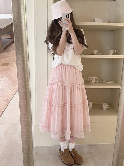 Sweet Skirts Women Summer Elastic Waist Solid Color Loose A-Line Skirt for Sweet Girls Kawaii Clothes