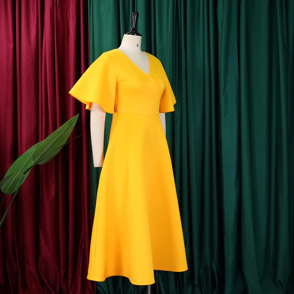 Dress Women Sexy Dresses White Round Neck Flare Sleeve Party Sheath Pleated High Waist Work Elegant Bodycon Mid Length Vestidos