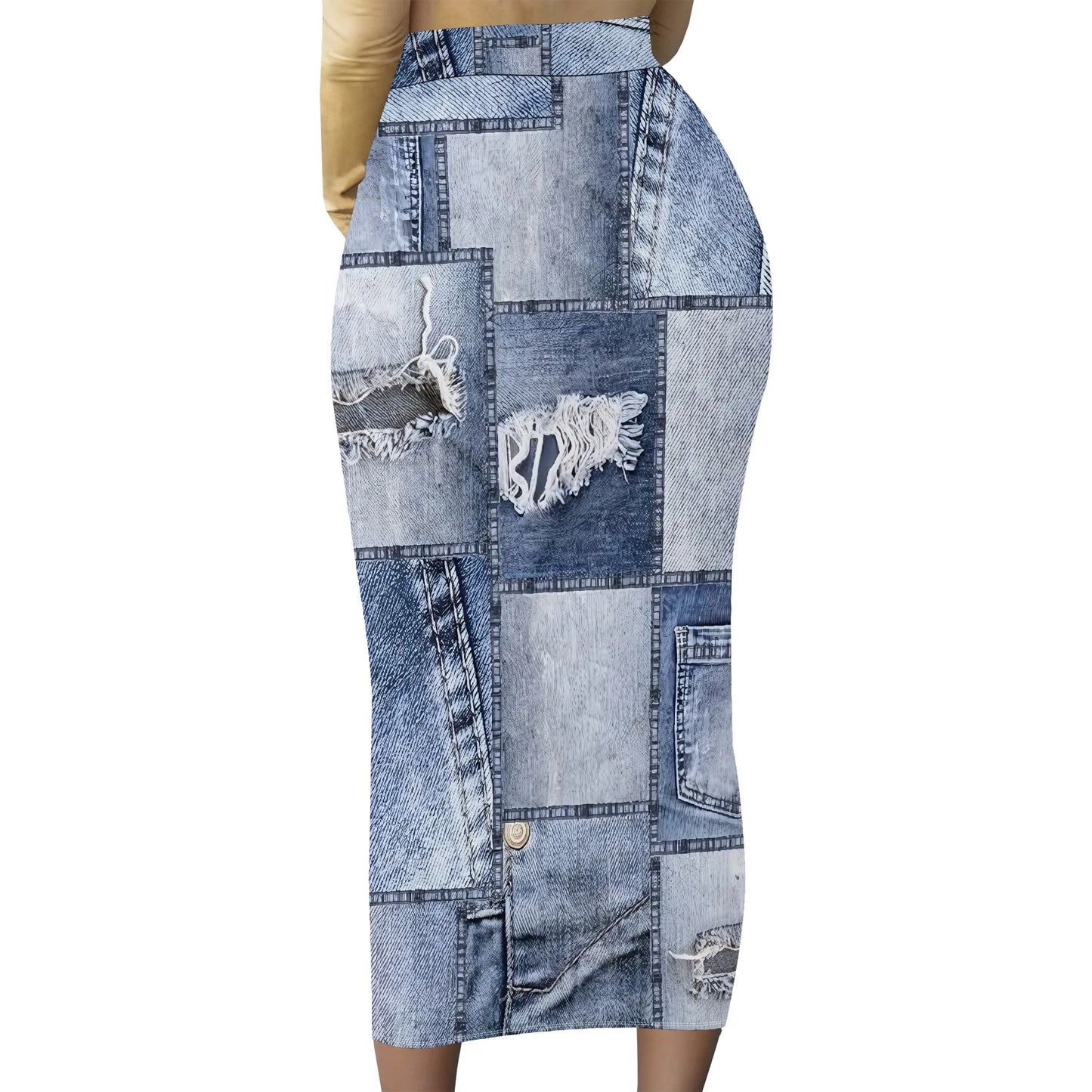 Womens Long Cotton Patchwork Stretch Denim Skirt a Line Flared Jean Maxi Skirt