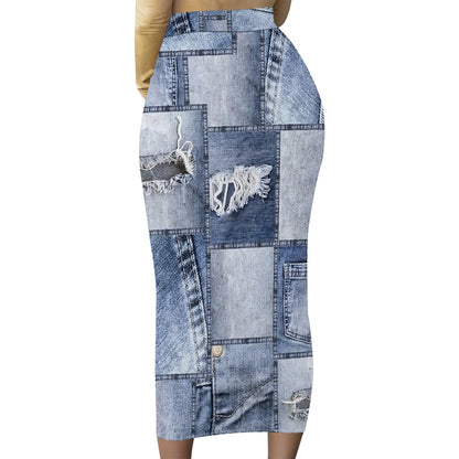 Womens Long Cotton Patchwork Stretch Denim Skirt a Line Flared Jean Maxi Skirt