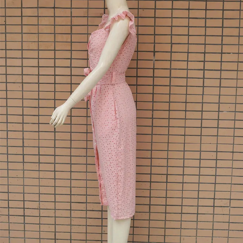 Women White Dress Lace Up Sexy Midi Vestidos Ruffles Sleeveless Bodycon Female Dresses 2022 Buttons Belt Elegant Ladies Clothes