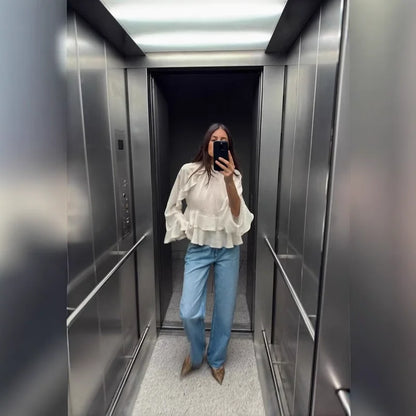 Woman 2025 Tops Ruffle Long Sleeve Top Elegant Womens Blouses Cropped Plain Shirts Beautiful Women's Blouses Vestidos Boho Dress