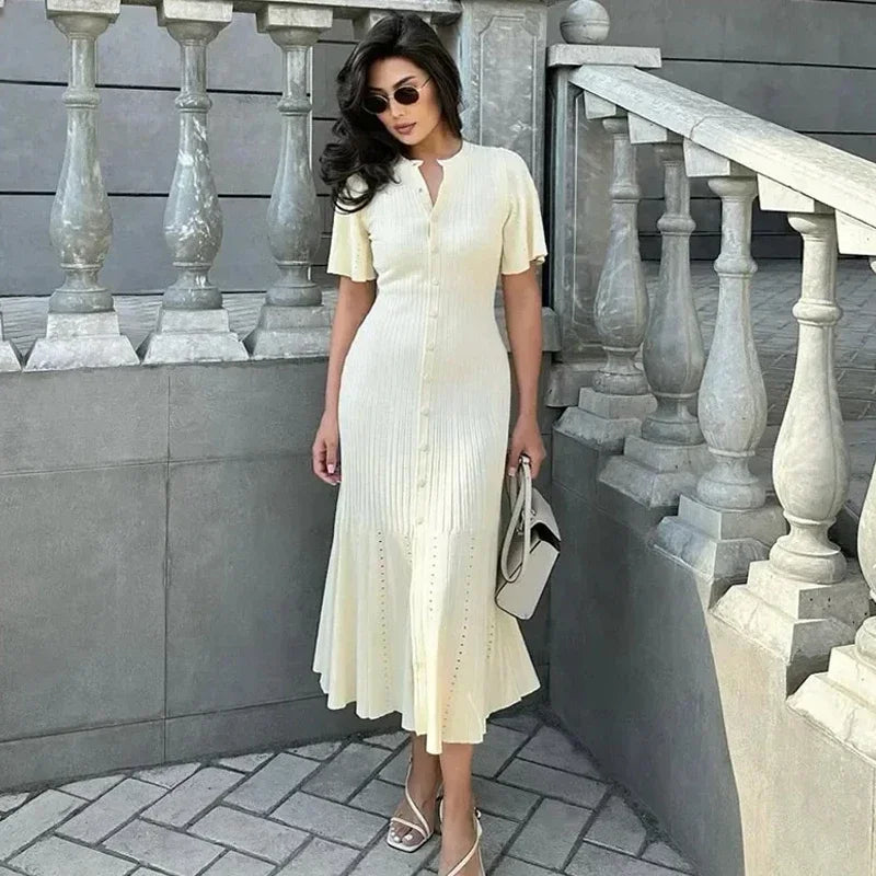 Elegant Knit Dress For Women White Slim O-neck Single Breasted Short Sleeve Long Dresses Female 2025 Spring Fashion Lady Robe