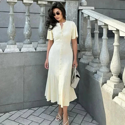 Elegant Knit Dress For Women White Slim O-neck Single Breasted Short Sleeve Long Dresses Female 2025 Spring Fashion Lady Robe