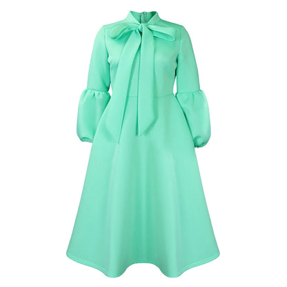 Elegant Dresses for Women Bow Collar Full Sleeve High Waisted A Line Mid Calf Luxury Female Birthday Party Dinner Vestidos Mujer