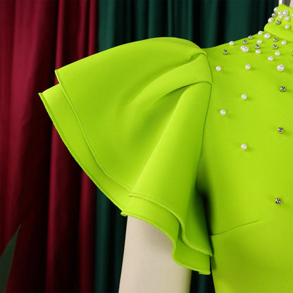 Elegant Dresses for Women O Neck Ruffles Sleeve Beaded Sheath Package Hips Mid Calf Luxury Birthday Party Dinner Vestidos Mujer