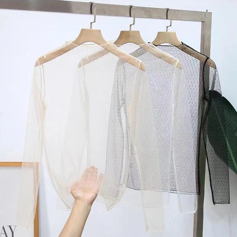Sexy See Through Tops Women Transparent Slim Bottomg Lace Long Sleeved Tops Beige Black White Pink Lace Mesh Tees T-Shirt Tulles