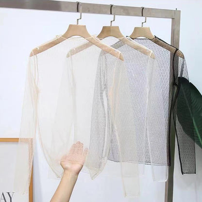 Sexy See Through Tops Women Transparent Slim Bottomg Lace Long Sleeved Tops Beige Black White Pink Lace Mesh Tees T-Shirt Tulles