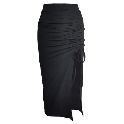 Women Sexy Slim Slit Irregular Skirt Elastic High Waist Pleated A-Line Skirt Summer American Retro Solid Long Shirring Skirts