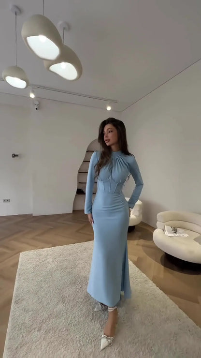 Women Muslim Dresses Slim Party Evening Dress Long Sleeve Pleated Lace-up Irregular Robe Maxi Dress Dubai Abaya Elegant Vestidos