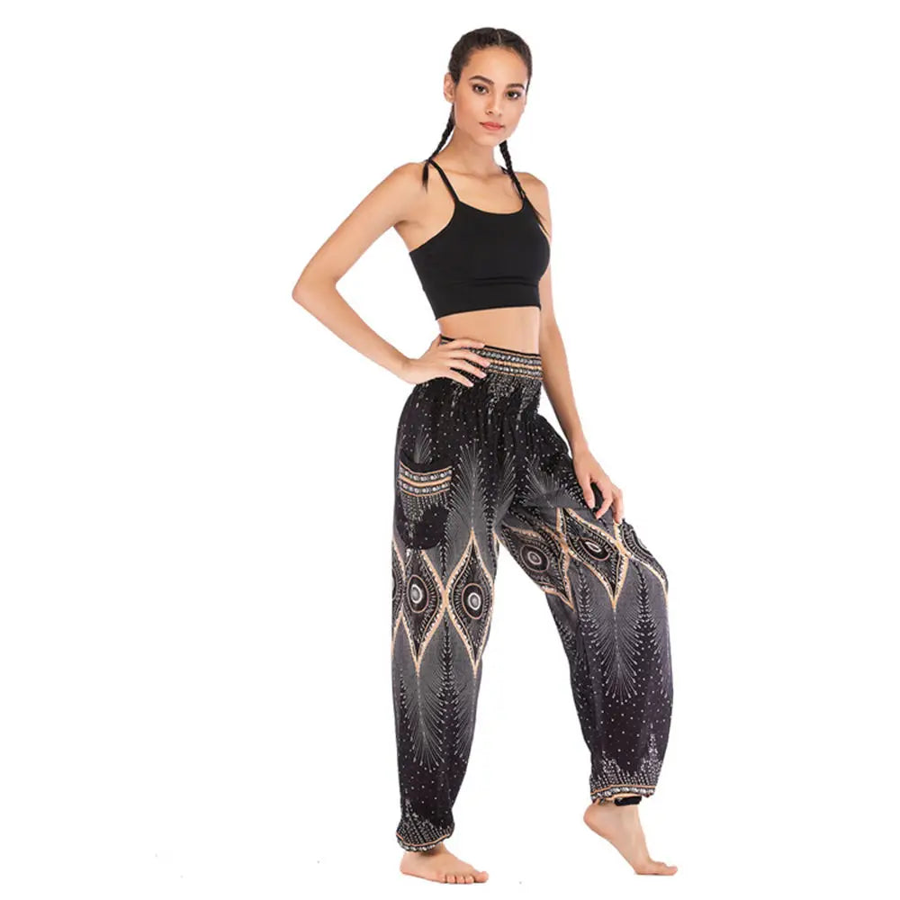 Women's Yoga Pants Printed Ethnic Style Loose Yoga Trousers Bloomers High Waist Fitness Sports Crotch Dance Palazzo Sweatpants