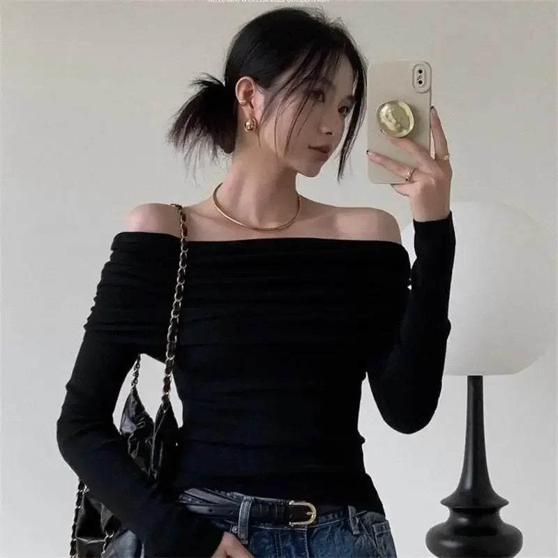 Women Sexy Tops Off Shoulder Long Sleeve Knitted T-shirt Solid Elegant Autumn Winter New Spicy Girl Slim Fit Short Red Crop Top