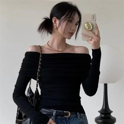 Women Sexy Tops Off Shoulder Long Sleeve Knitted T-shirt Solid Elegant Autumn Winter New Spicy Girl Slim Fit Short Red Crop Top