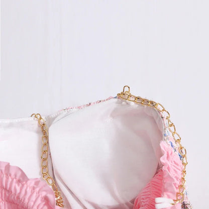 Women Summer Tweed Chain Chic Tank Tops Buttons Off Shoulder with Bra Pad Crop Tops Pleated Sexy Backless Sleeveless Sweet Camis