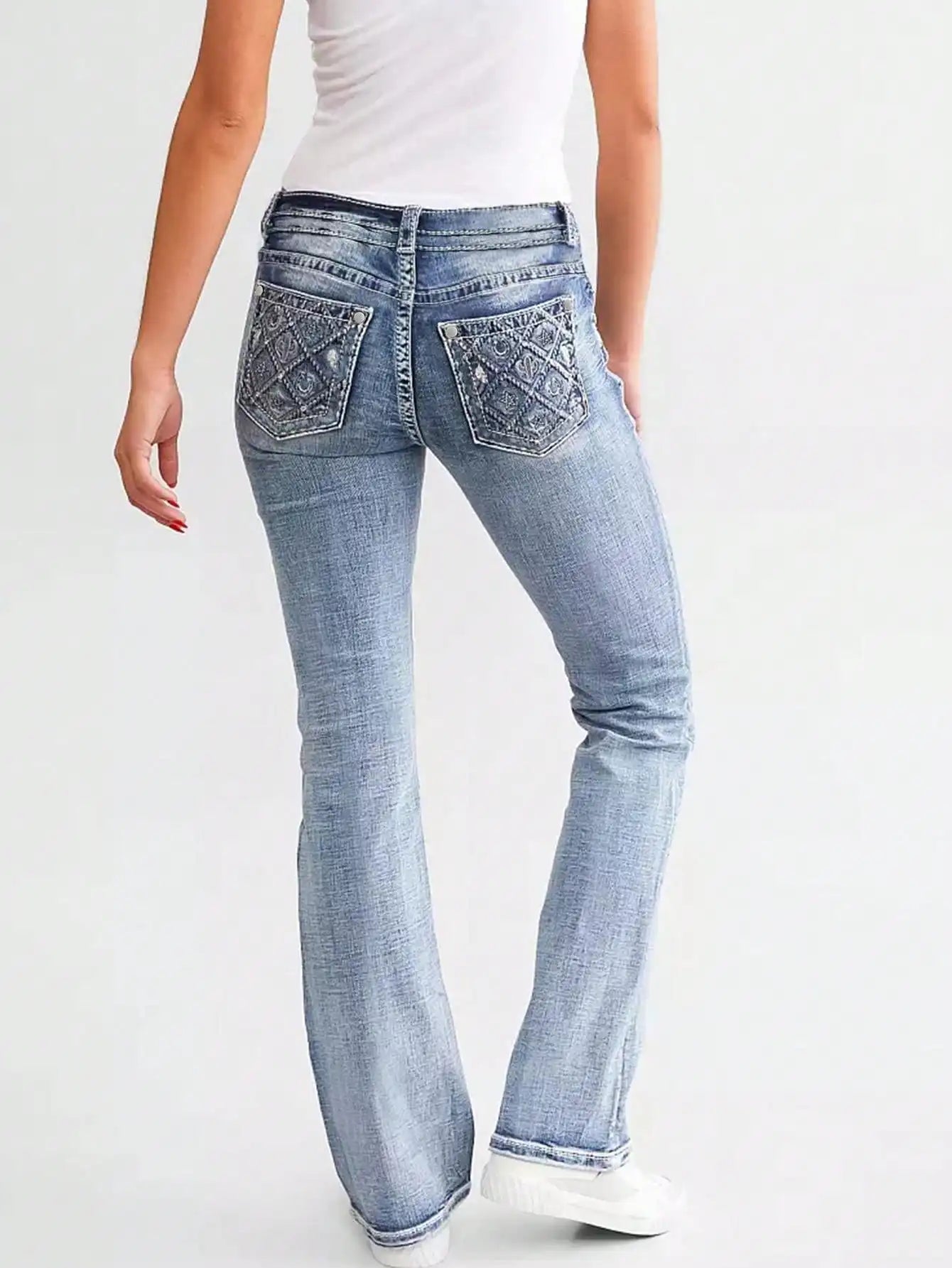 New women's embroidered jeans fashionable double waist washed bootcut pants