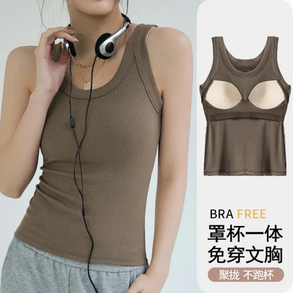 New Women Solid Round Neck Ribbed Tank Top Camisole Women Summer Basic Elastic TankTop One-piece Vest with Chest Pad Y2k