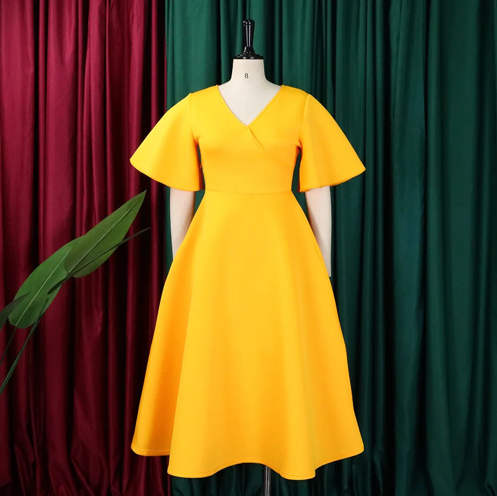 Dress Women Sexy Dresses White Round Neck Flare Sleeve Party Sheath Pleated High Waist Work Elegant Bodycon Mid Length Vestidos