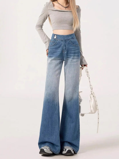 Slimming High-waisted Jeans for Women Spring Summer Pear-shaped Loose-fit Wide leg Jean Pants Bell Bottoms Female Denim Trousers