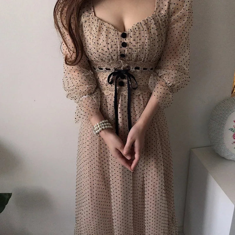 Women Clothing Vestidos Vintage Dress Elegant Square Neck High Waisted Lace Organza Polka Dot Dresses Chic Summer 2025 Slim