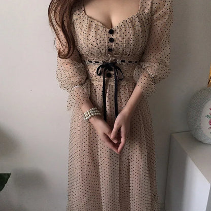 Women Clothing Vestidos Vintage Dress Elegant Square Neck High Waisted Lace Organza Polka Dot Dresses Chic Summer 2025 Slim