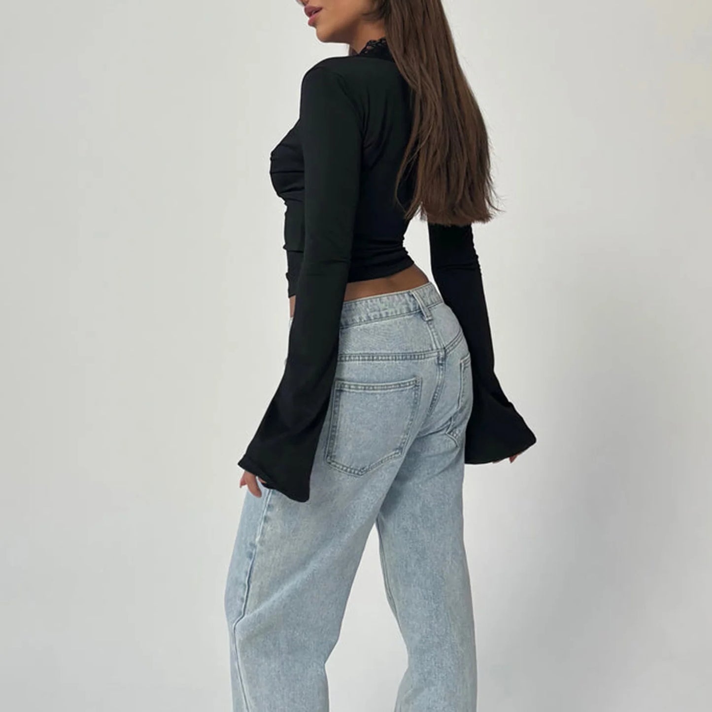 Women Fall Tops  Lace Trim Deep V Neck Bell Sleeve Crop Shirt Casual Streetwear