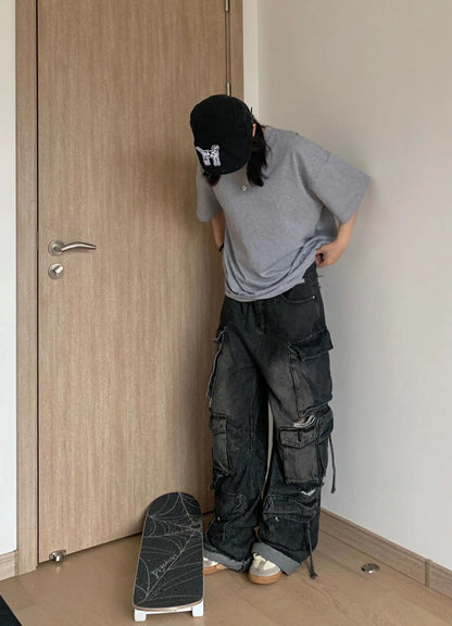 Women Jeans Pants Y2K High Street Heavy Washed Black Perforated Workwear Jeans For Women's Autumn And Winter Multi Pocket