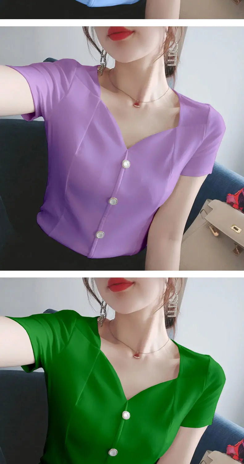 Womens Tops And Blouses Summer Short Sleeve Blouse Women Blusas Mujer De Moda 2022 Turtleneck Knitted Blouse Shirt Tops