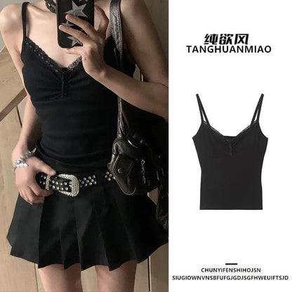 Black Camisoles Women Y2k Tops Hot Girls Sexy Lace Punk Streetwear Fashion Summer Cropped Clothes Slim All-match Lovely Mujer