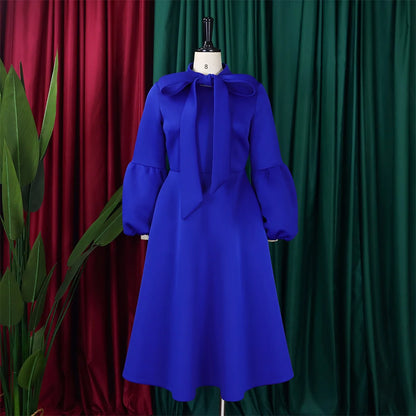 Elegant Dresses for Women Bow Collar Full Sleeve High Waisted A Line Mid Calf Luxury Female Birthday Party Dinner Vestidos Mujer