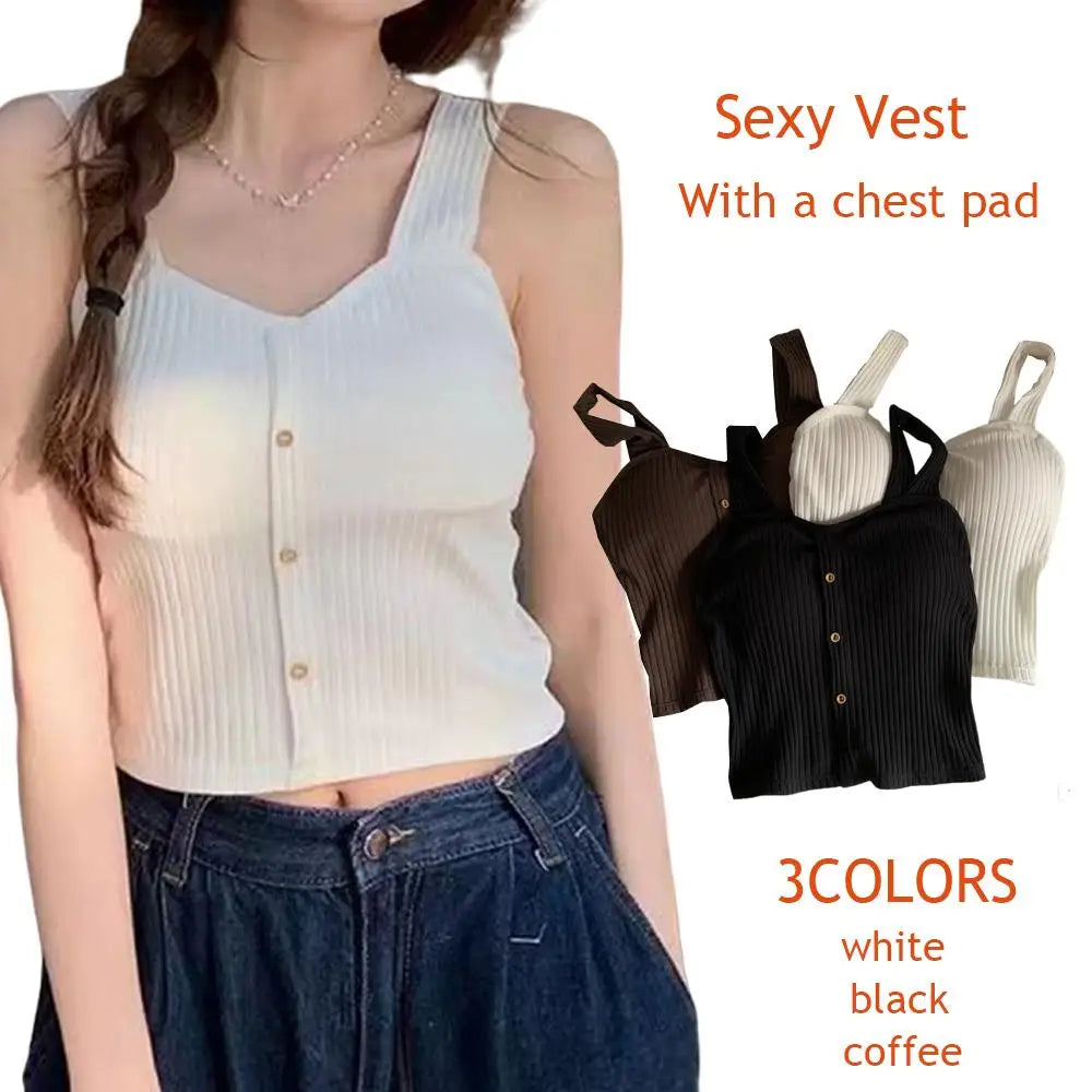 Women's Ribbed Tank Tops Y2K Cropped Tops with Bra Pads Knitted Button Down Suspenders Vest Sexy Camisole Female Short Tops